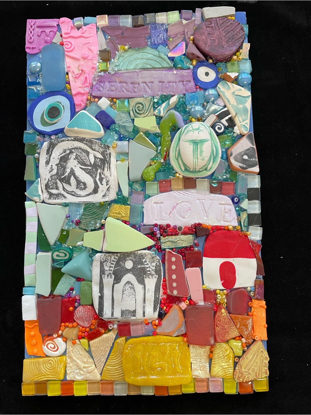 Handmade Clay Mosaic Art “Serenity ” Polymer Clay &GlassOriginal On Wood  12”x7”